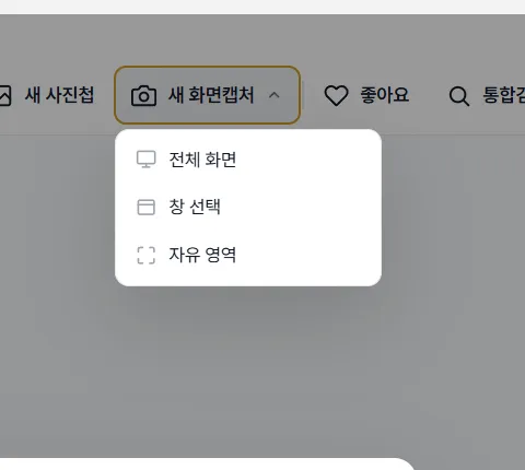 AURORA 새 화면캡처 메뉴의 전체 화면, 창 선택과 자유 영역 모드